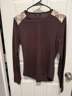 Burberry Brown Long Sleeve Tee with Classic Check Shoulder Panels